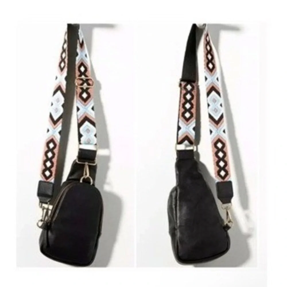 Anthropologie Urban‎ Originals Vegan Leather Sling Bag Geometric Black Strap